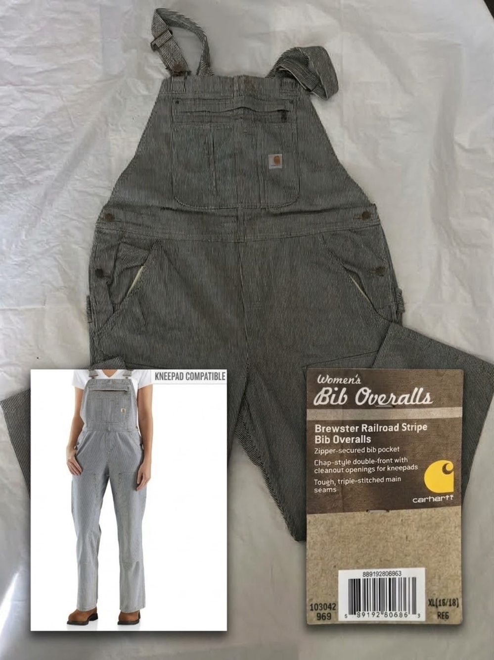 Carhartt Brewster Railroad Stripe Bib Overalls Double Knee Womens XL 16/18 NWT - Picture 1 of 3